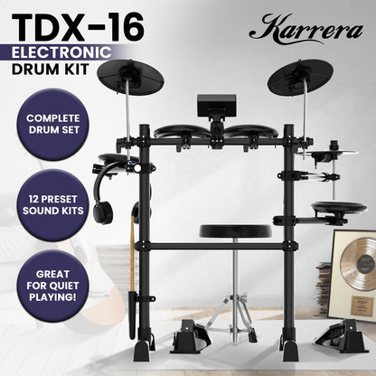 Karrera TDX-16 Electronic Drum Kit with LCD, Toms, Snares Quiet Mesh Pads & Pedals, Adjustable Stool, V240-ELE-DRM-5PC