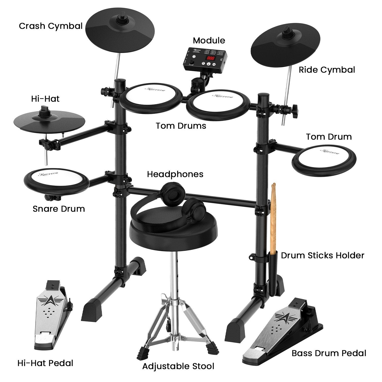 Karrera TDX-16 Electronic Drum Kit with LCD, Toms, Snares Quiet Mesh Pads & Pedals, Adjustable Stool, V240-ELE-DRM-5PC