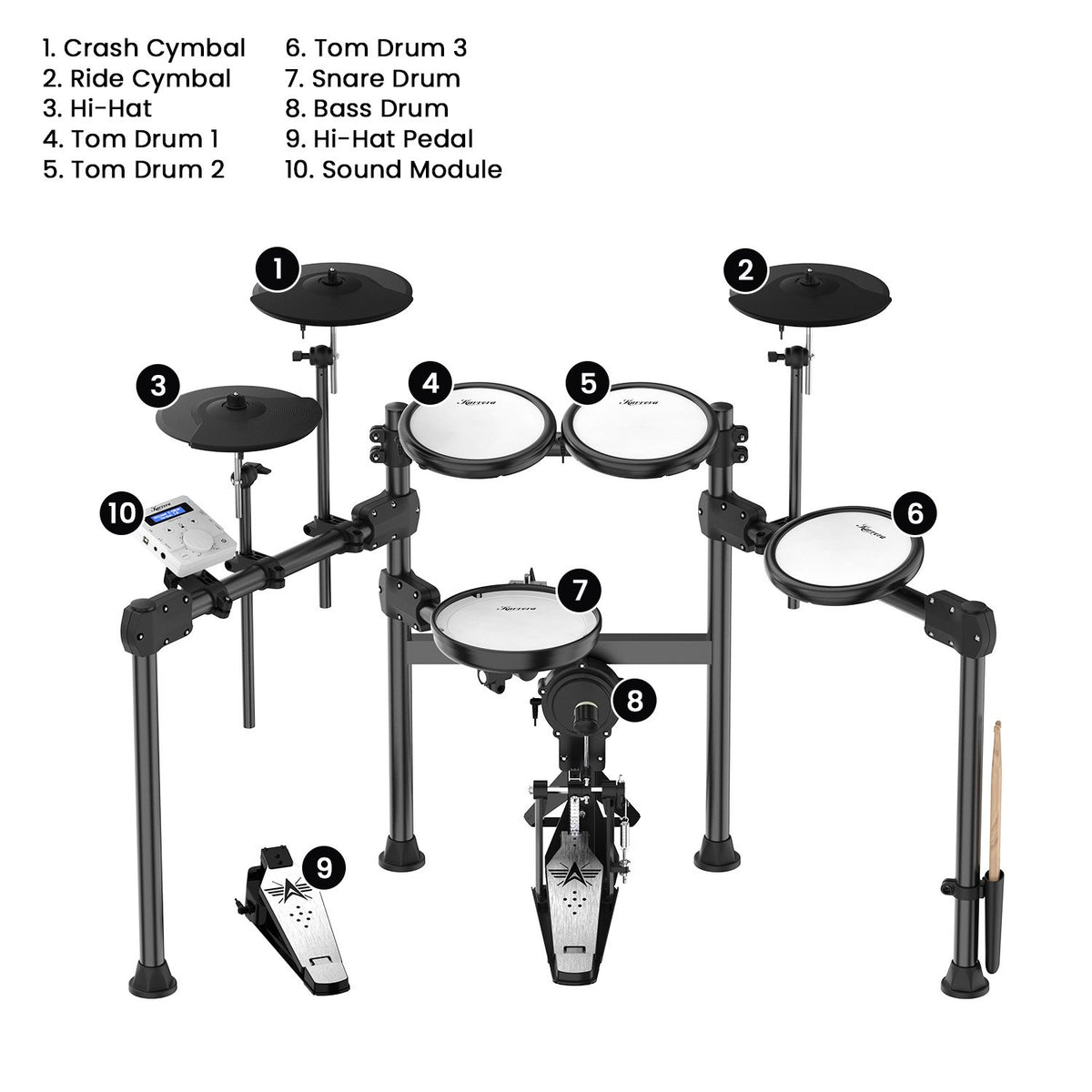 Karrera X23 Electronic Drum Kit with Sound Module, 3 Toms, Snare Quiet Mesh Drum Heads, Cymbals & Pedal V240-ELE-DRM-X23