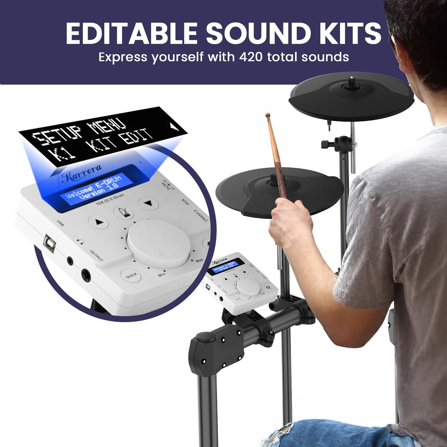 Karrera X23 Electronic Drum Kit with Sound Module, 3 Toms, Snare Quiet Mesh Drum Heads, Cymbals & Pedal V240-ELE-DRM-X23