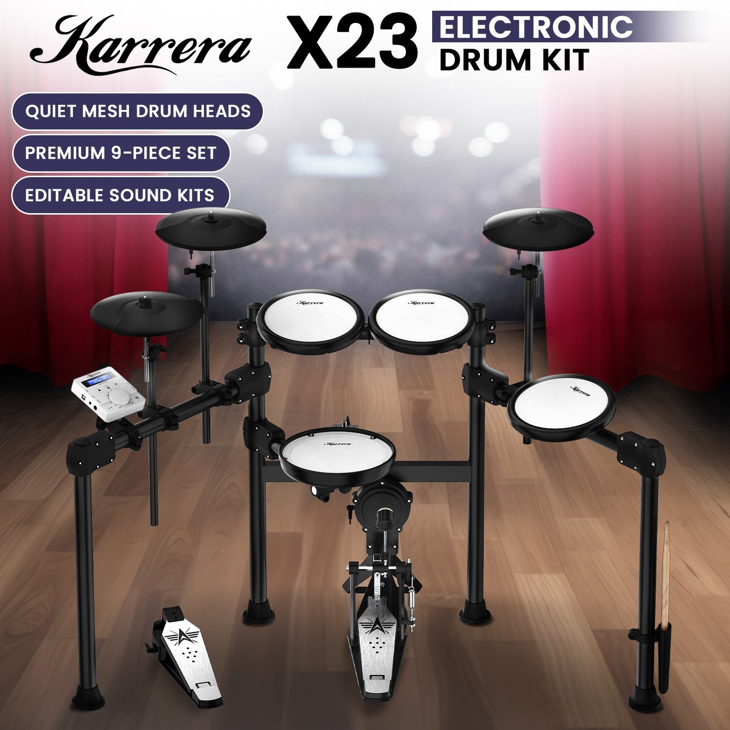 Karrera X23 Electronic Drum Kit with Sound Module, 3 Toms, Snare Quiet Mesh Drum Heads, Cymbals & Pedal V240-ELE-DRM-X23