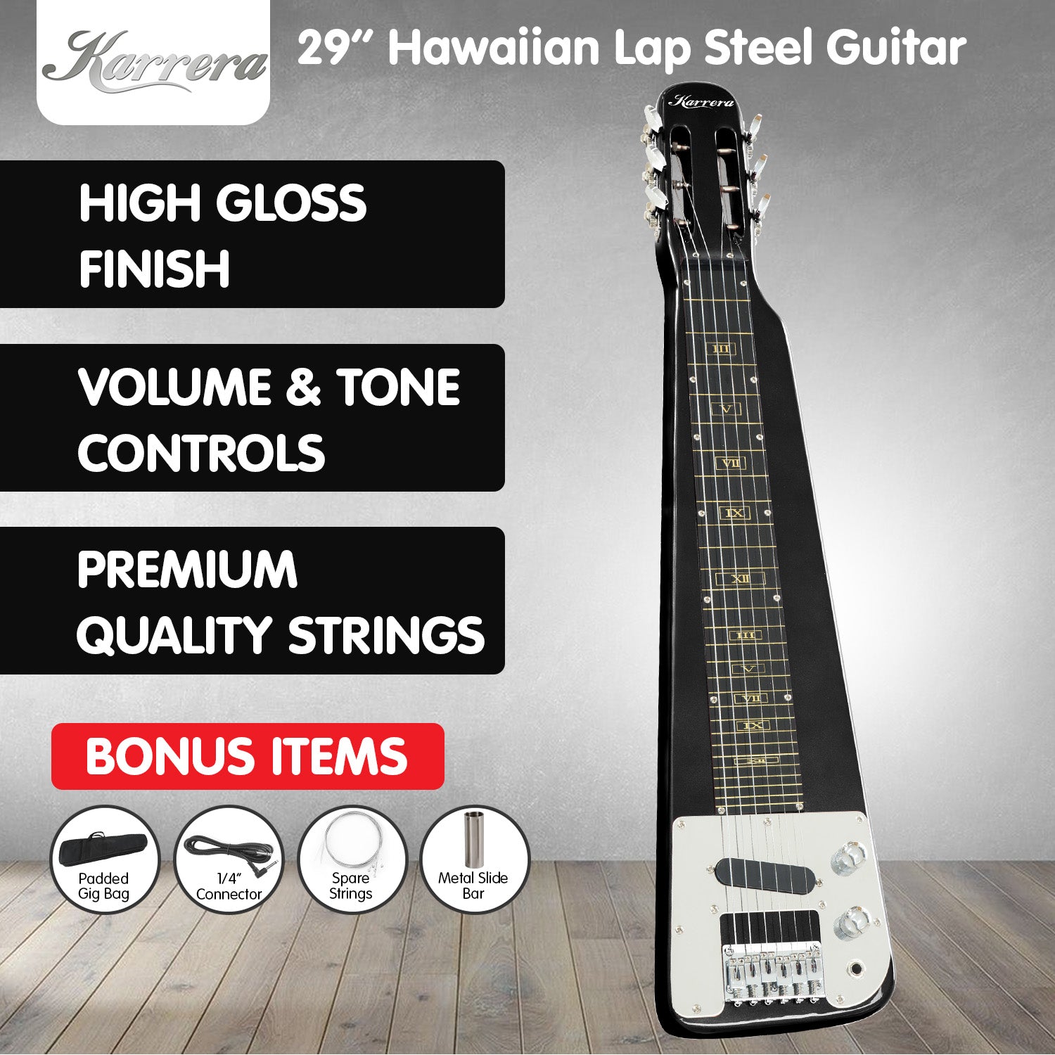 Karrera 29in 6-String Lap Steel Hawaiian Guitar - Black V240-ELE-LAP-6S-BK