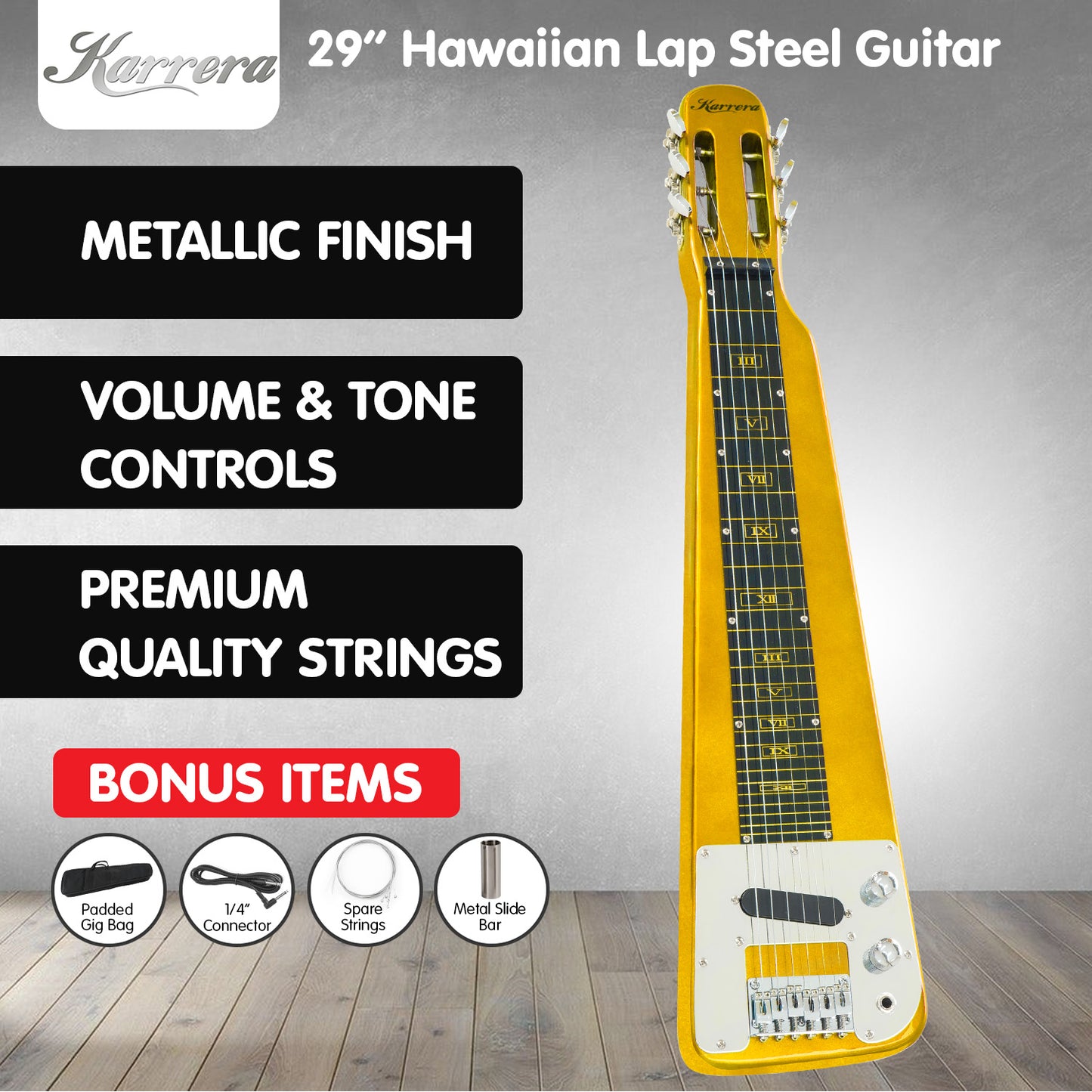 Karrera 29in 6-String Lap Steel Hawaiian Guitar - Metallic Gold V240-ELE-LAP-6S-OR