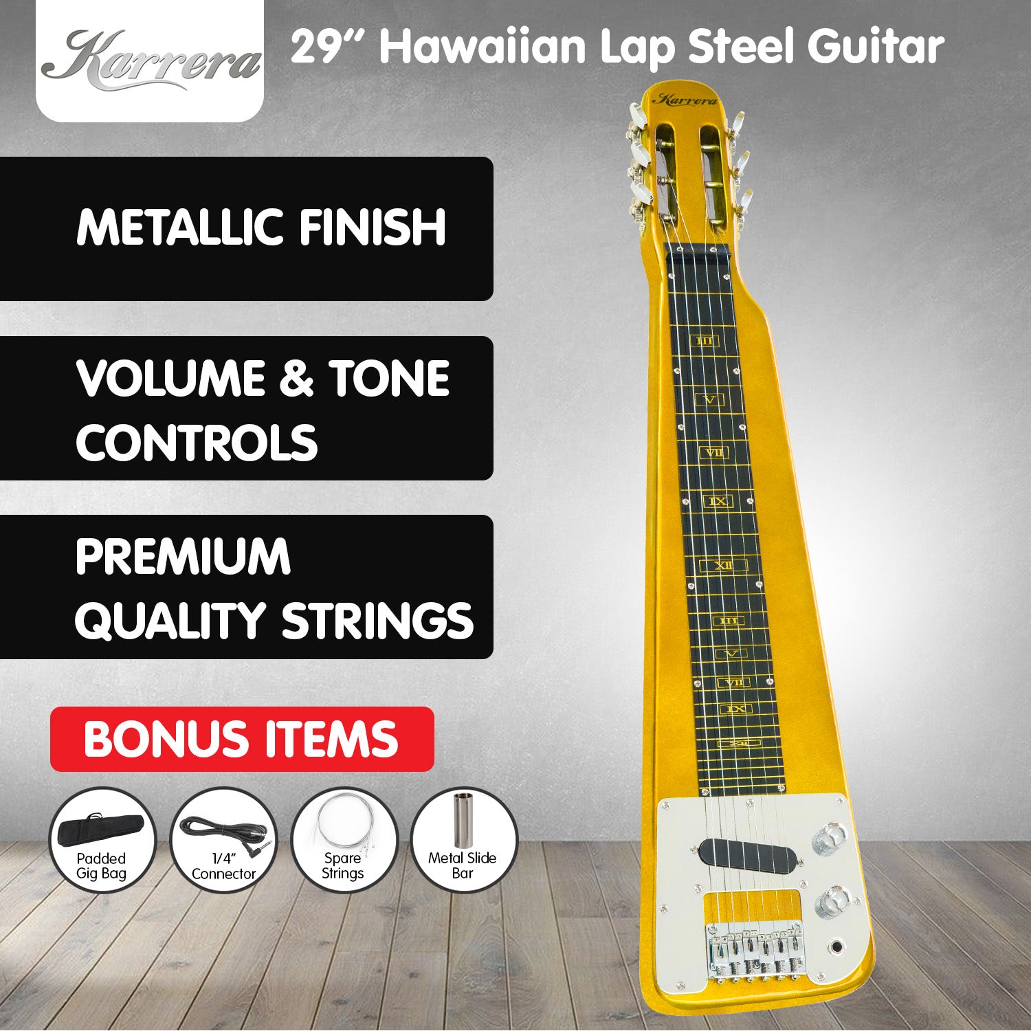 Karrera 29in 6-String Lap Steel Hawaiian Guitar - Metallic Gold V240-ELE-LAP-6S-OR