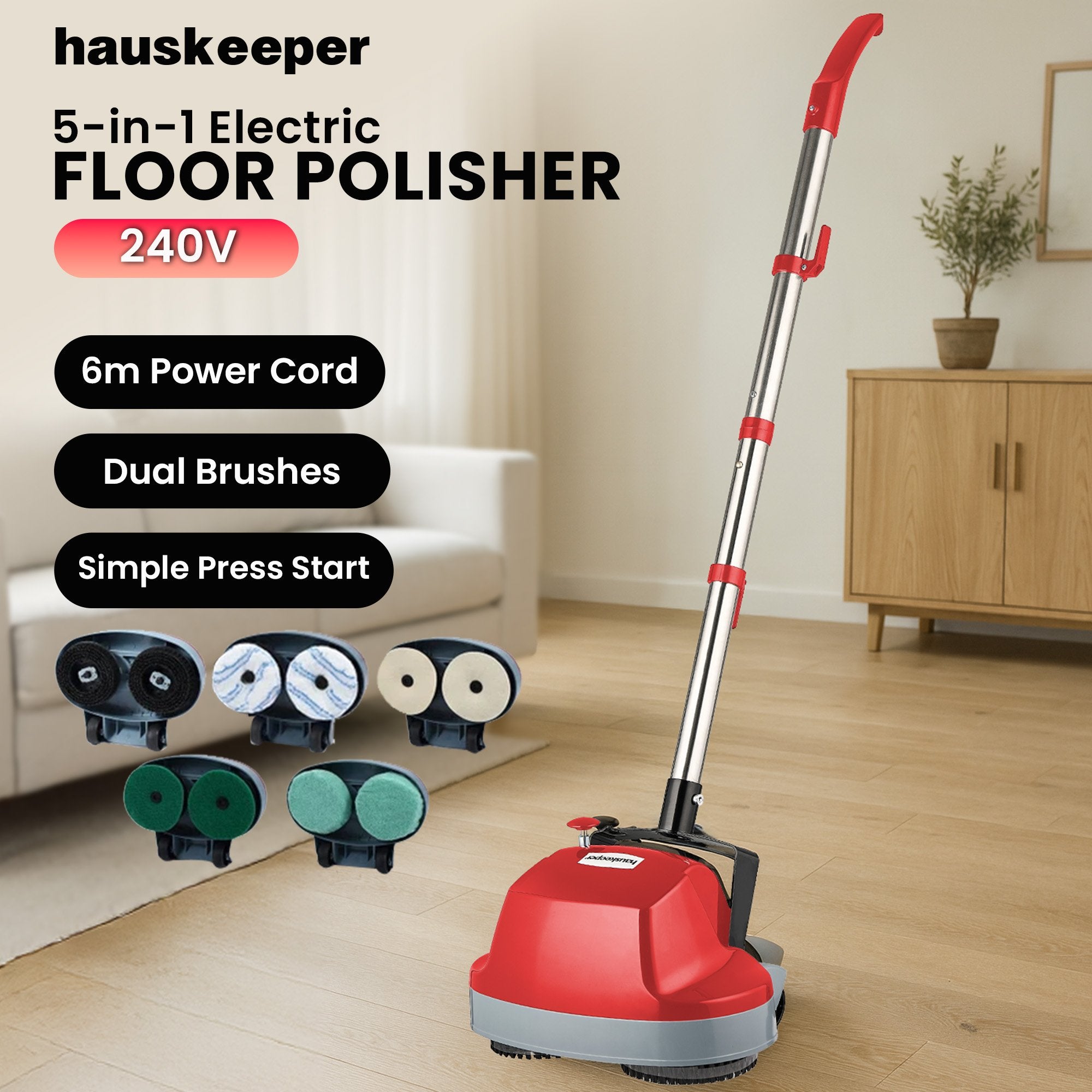 Klika Hauskeeper 5 in 1 Electric 240V Floor Polisher w/ 6M Power Cable Timber Hard Waxer Buffer Cleaner Red V240-FLOORWAX