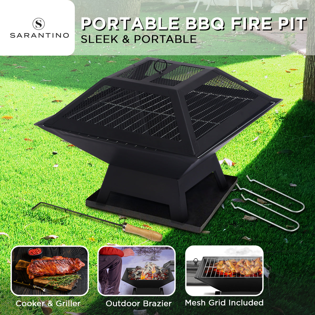Wallaroo Portable Outdoor Fire Pit for BBQ, Grilling, Cooking, Camping V240-FPT-HP04