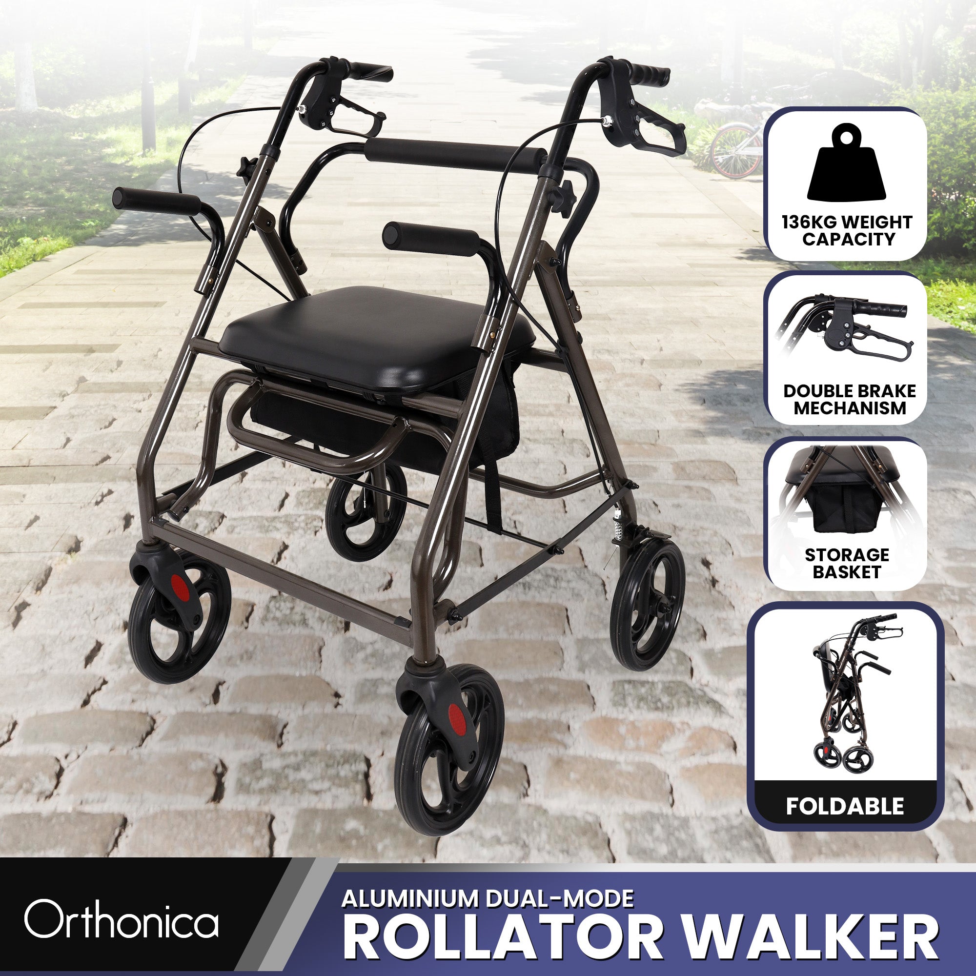 Orthonica Foldable Steel Frame Rollator Walker Lightweight Mobility Aid in Grey V240-FRW-MAS-01L-GY