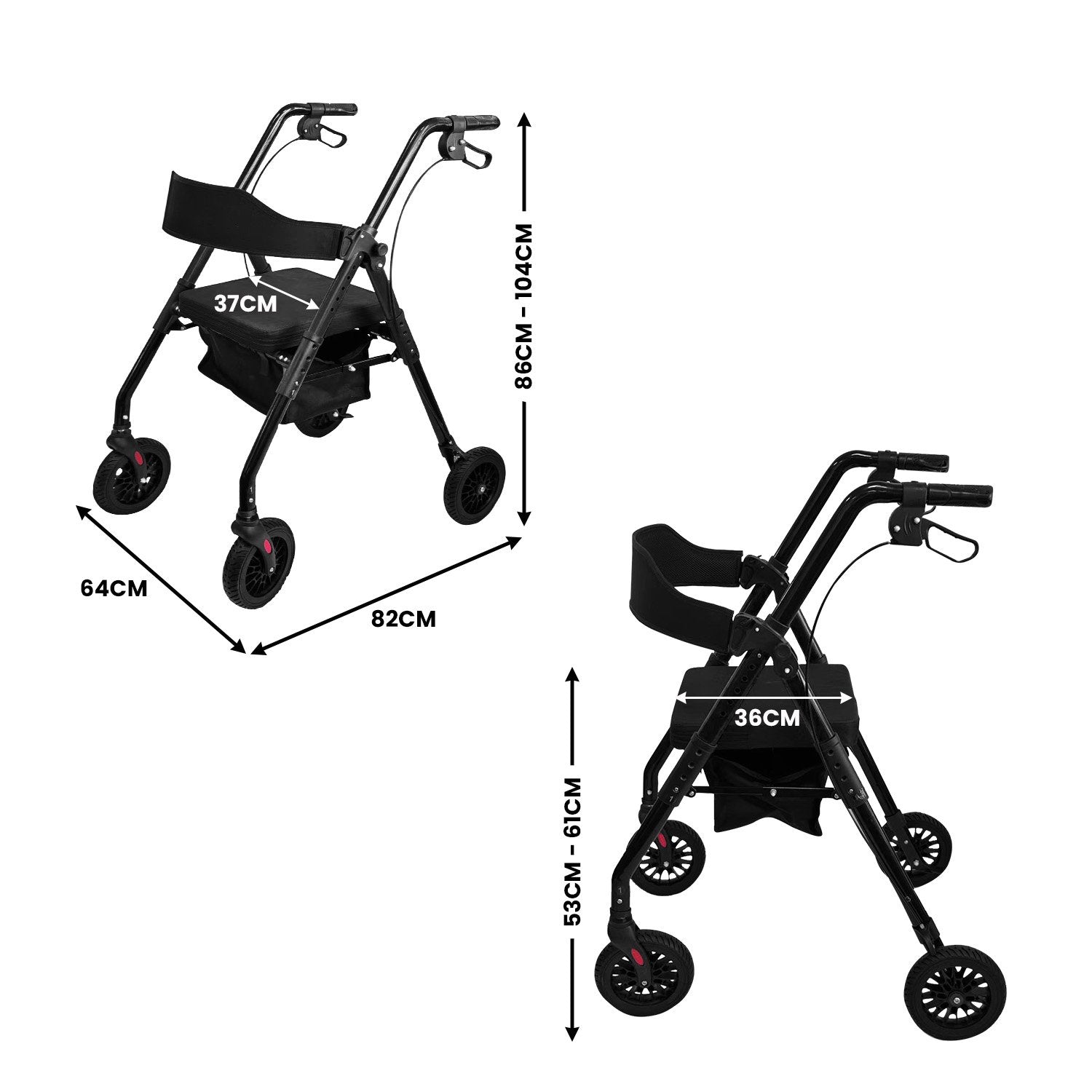 Orthonica Foldable Mobility Steel Rollator 136kg Max Capacity Black V240-FRW-MAS-029-BK
