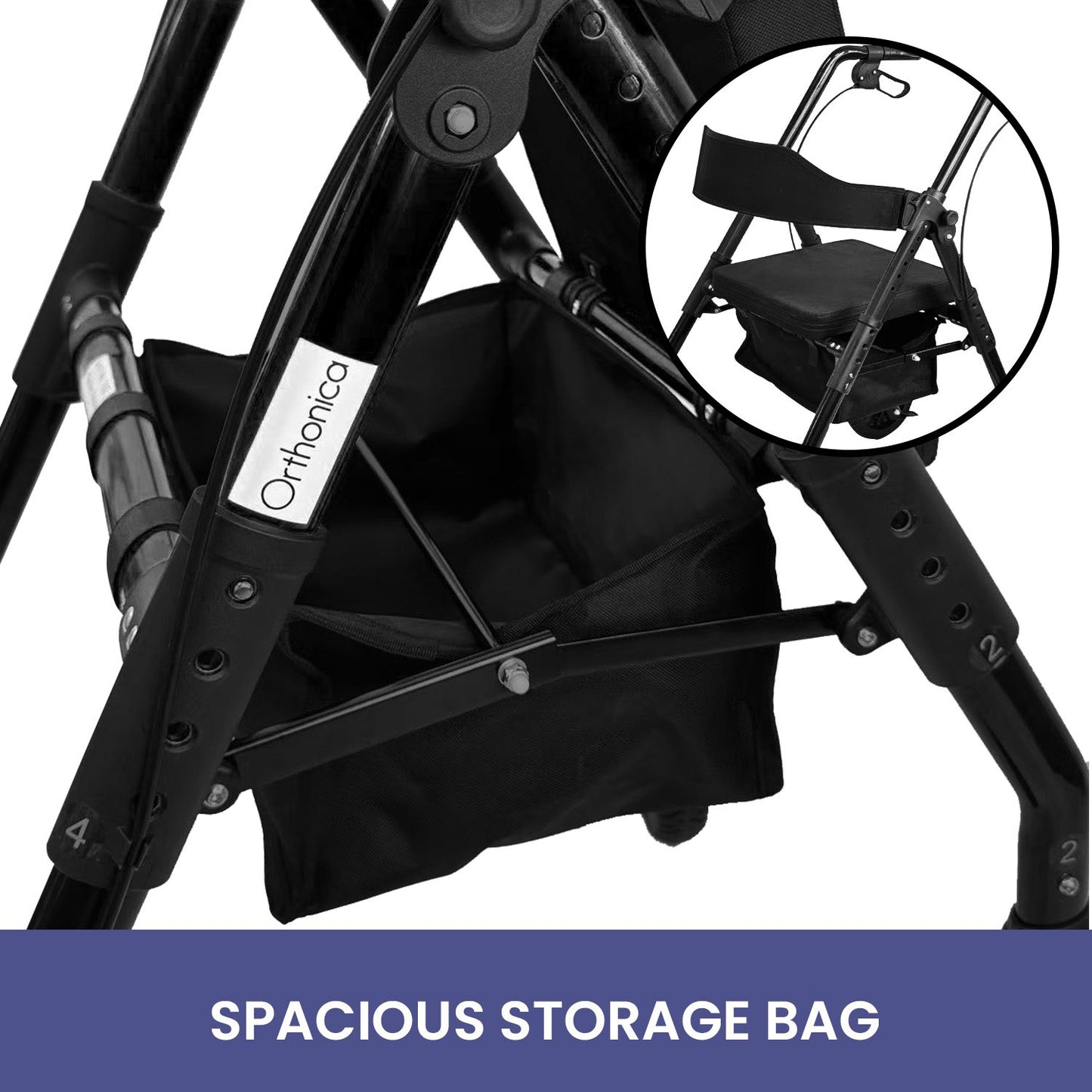 Orthonica Foldable Mobility Steel Rollator 136kg Max Capacity Black V240-FRW-MAS-029-BK
