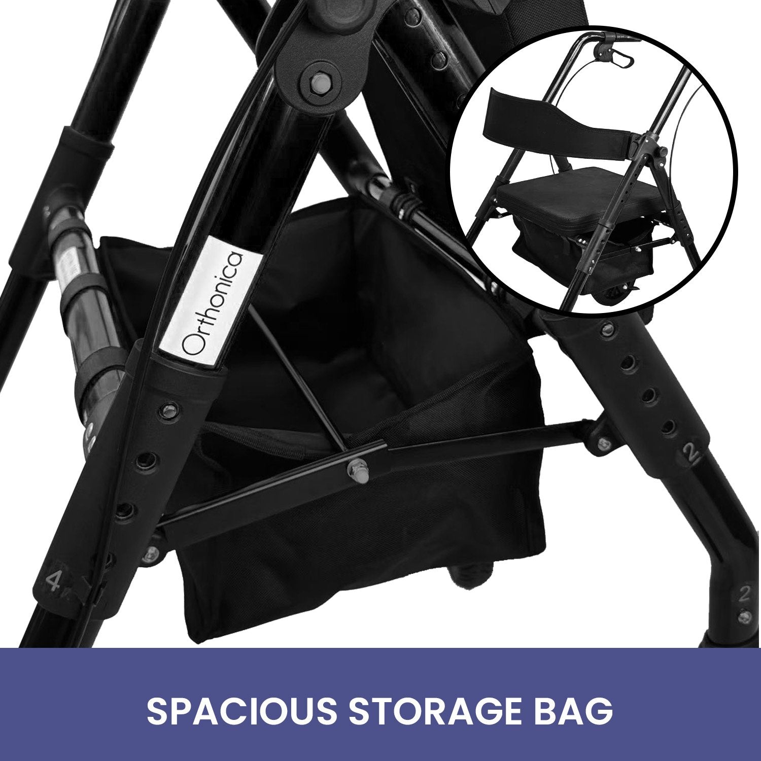 Orthonica Foldable Mobility Steel Rollator 136kg Max Capacity Black V240-FRW-MAS-029-BK