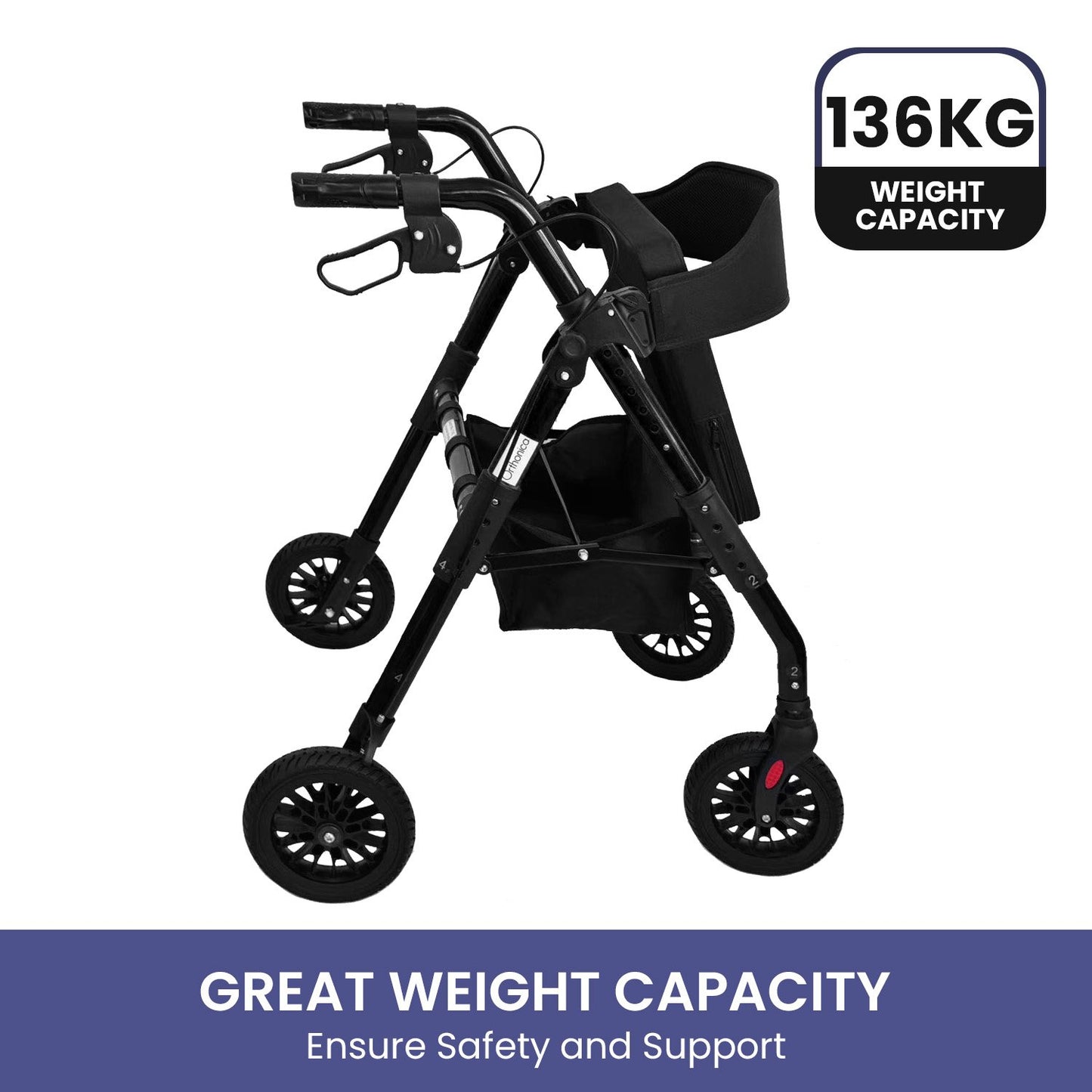 Orthonica Foldable Mobility Steel Rollator 136kg Max Capacity Black V240-FRW-MAS-029-BK