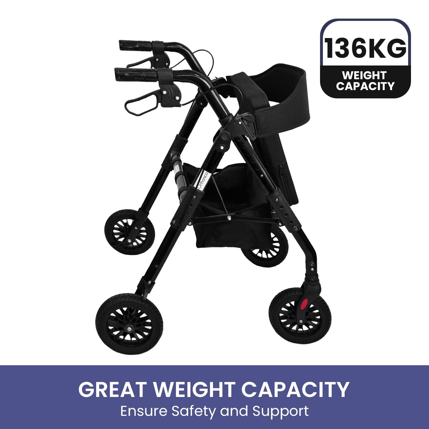 Orthonica Foldable Mobility Steel Rollator 136kg Max Capacity Black V240-FRW-MAS-029-BK