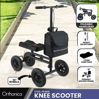 Orthonica Mobility Steel Knee Scooter Walker Steerable Ergonomic Foldable Scooter 10-inch Wheels Height V240-FRW-MAS-06L-BK