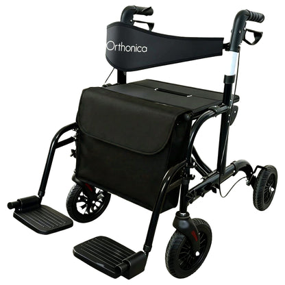 Orthonica Aluminium 2-in-1 Rollator Wheelchair with Foldable Frame - Black & Silver V240-FRW-MAS-2N1-BK