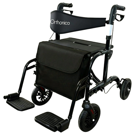 Orthonica Aluminium 2-in-1 Rollator Wheelchair with Foldable Frame - Black & Silver V240-FRW-MAS-2N1-BK
