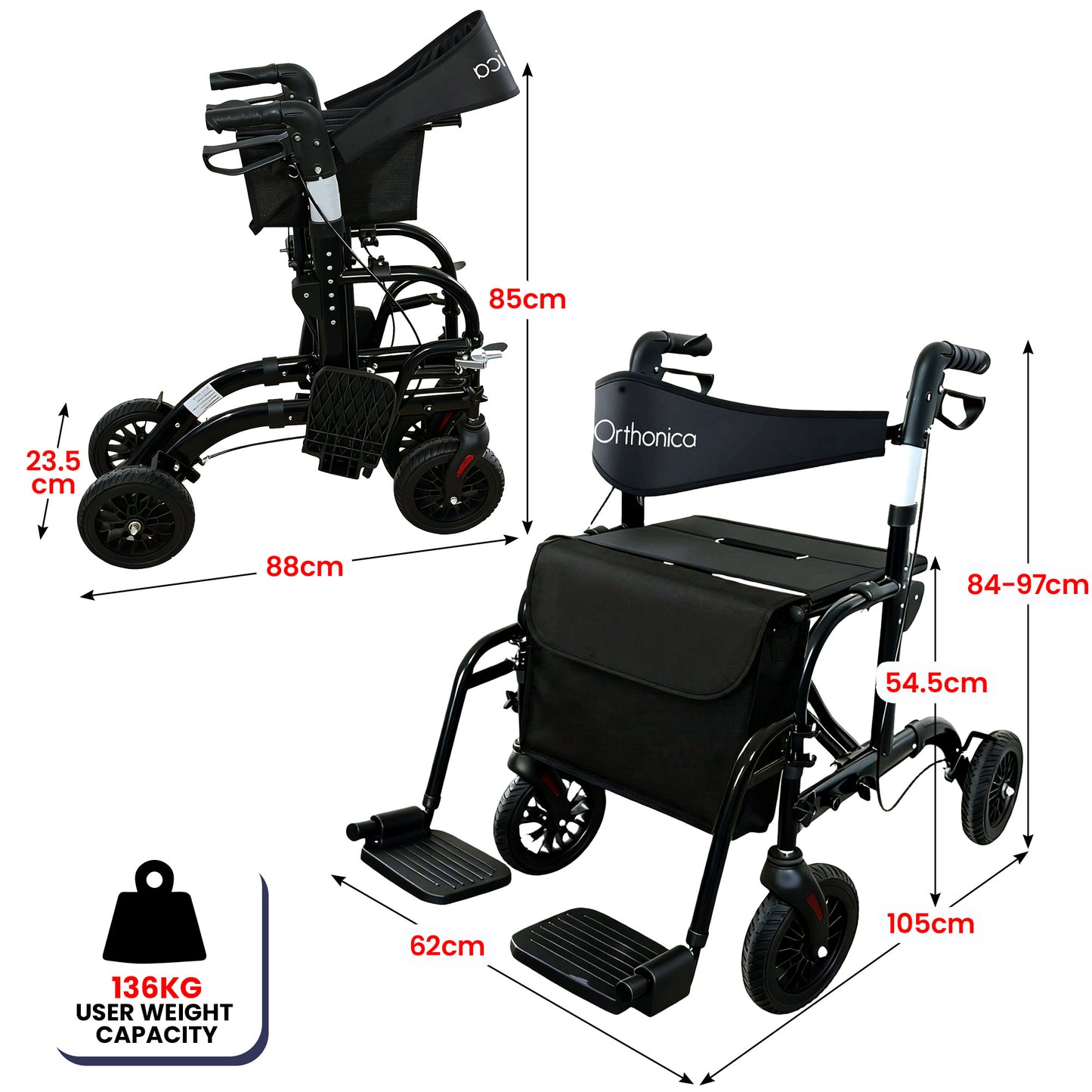 Orthonica Aluminium 2-in-1 Rollator Wheelchair with Foldable Frame - Black & Silver V240-FRW-MAS-2N1-BK