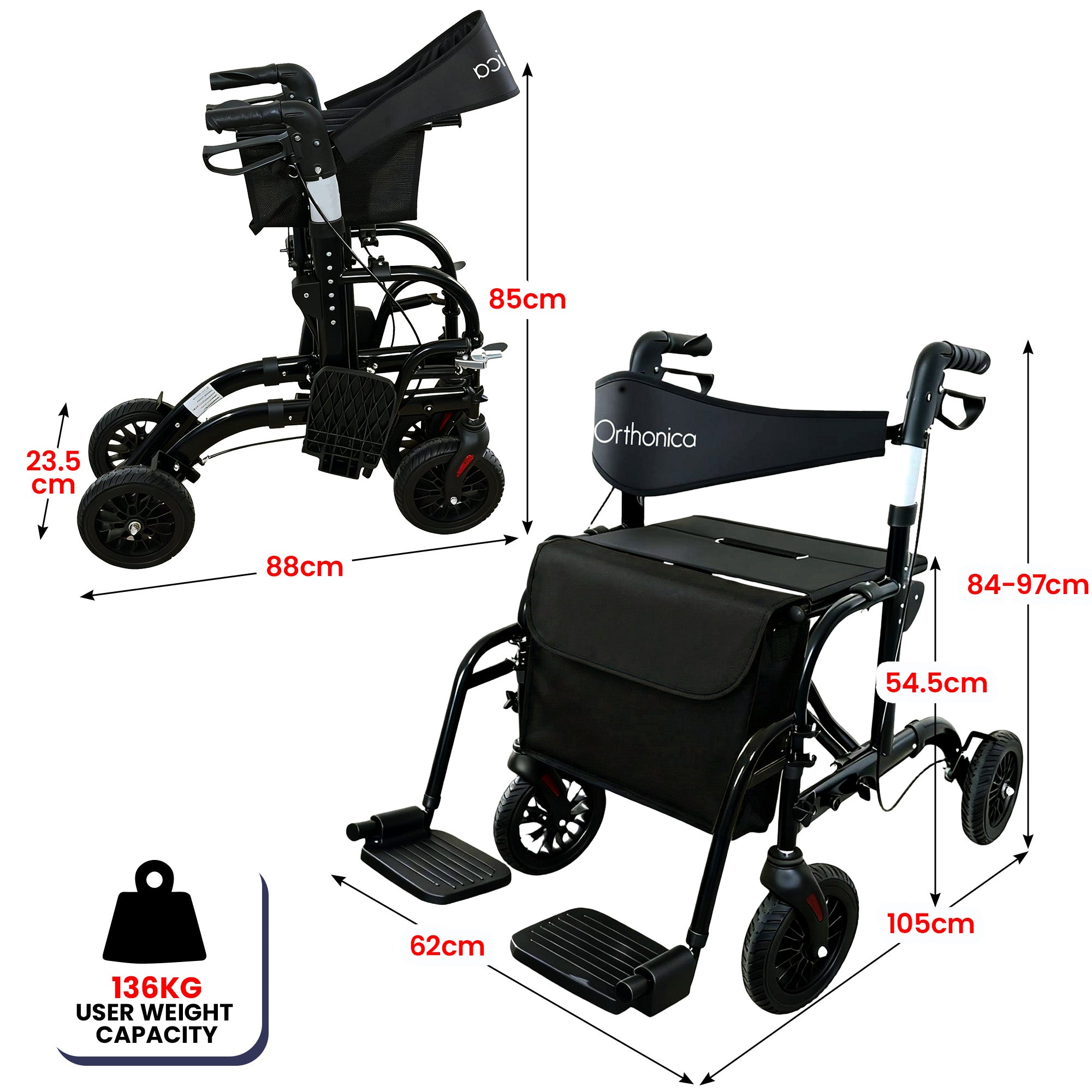 Orthonica Aluminium 2-in-1 Rollator Wheelchair with Foldable Frame - Black & Silver V240-FRW-MAS-2N1-BK