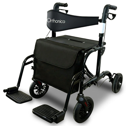 Orthonica Aluminium 2-in-1 Rollator Wheelchair with Foldable Frame - Black & Silver V240-FRW-MAS-2N1-BK