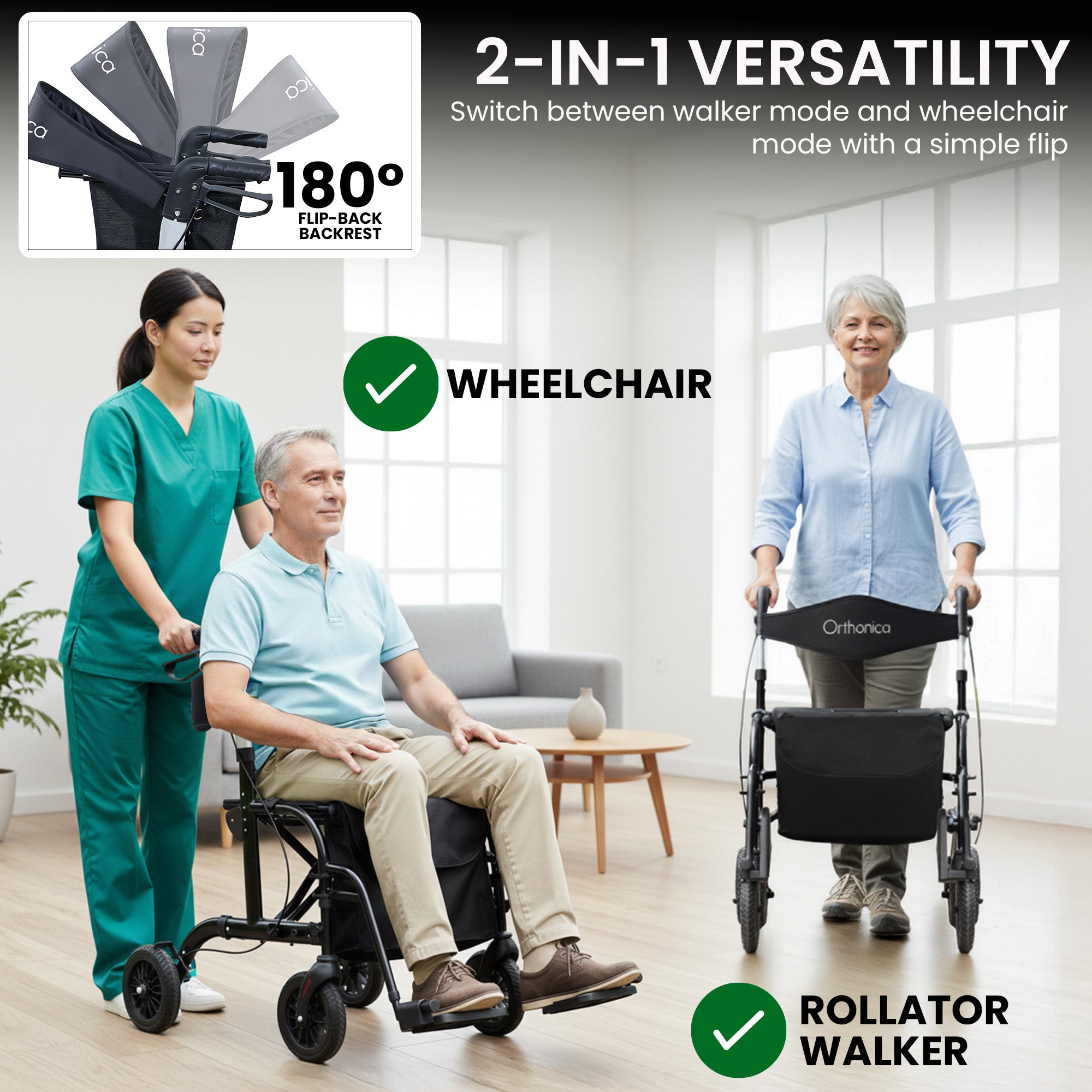 Orthonica Aluminium 2-in-1 Rollator Wheelchair with Foldable Frame - Black & Silver V240-FRW-MAS-2N1-BK