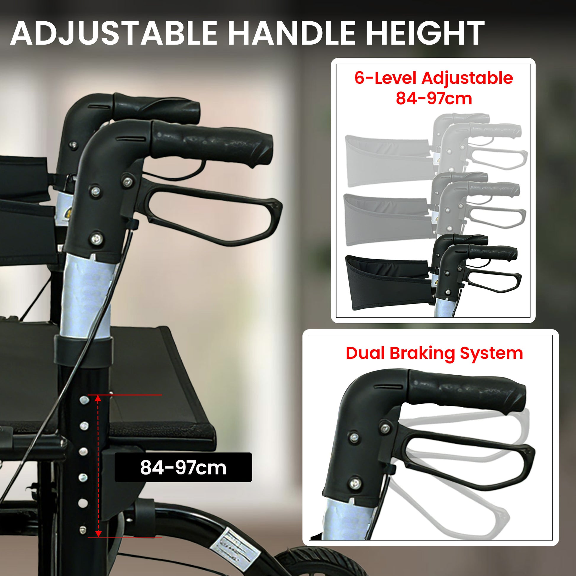 Orthonica Aluminium 2-in-1 Rollator Wheelchair with Foldable Frame - Black & Silver V240-FRW-MAS-2N1-BK