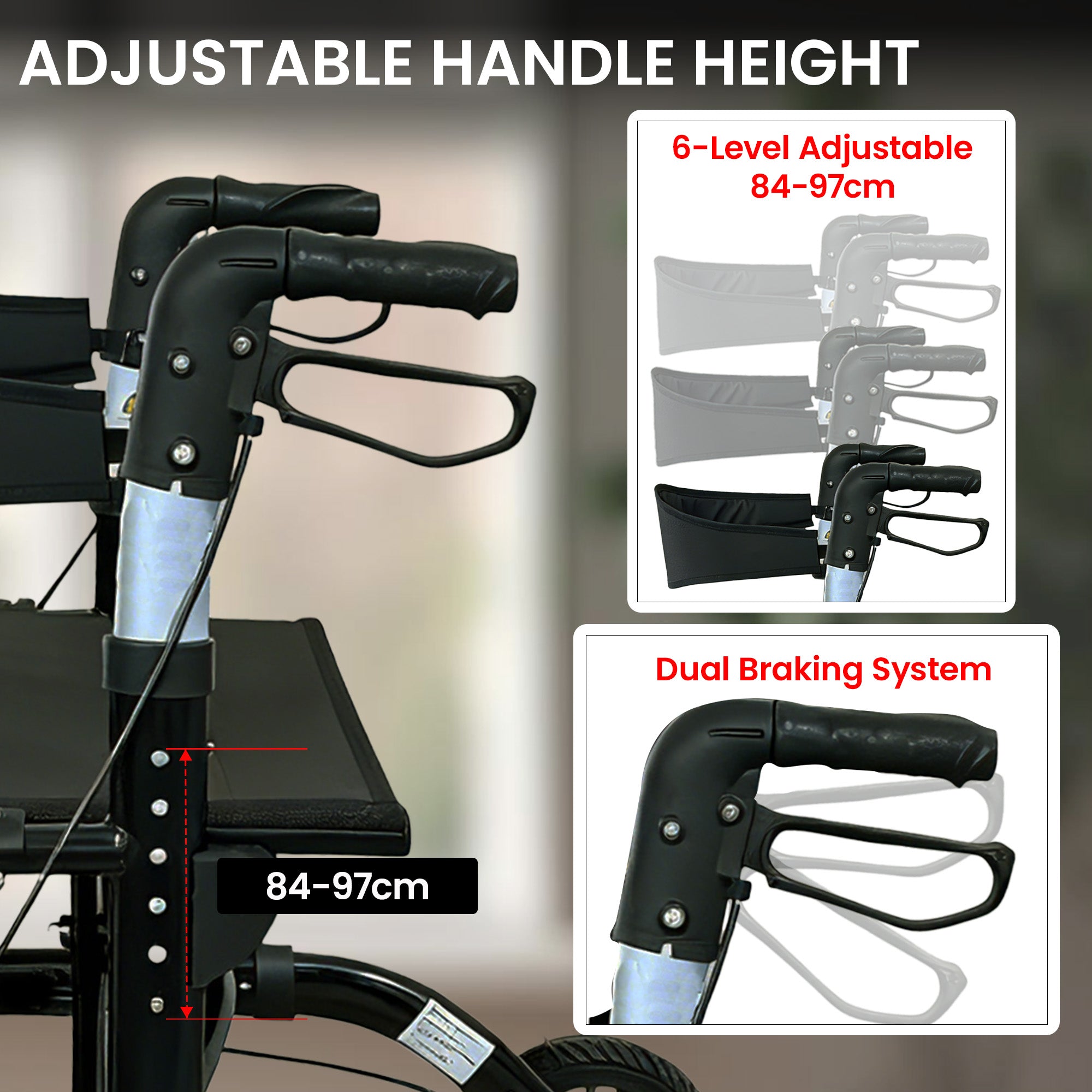 Orthonica Aluminium 2-in-1 Rollator Wheelchair with Foldable Frame - Black & Silver V240-FRW-MAS-2N1-BK