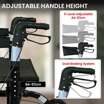 Orthonica Aluminium 2-in-1 Rollator Wheelchair with Foldable Frame - Black & Silver V240-FRW-MAS-2N1-BK