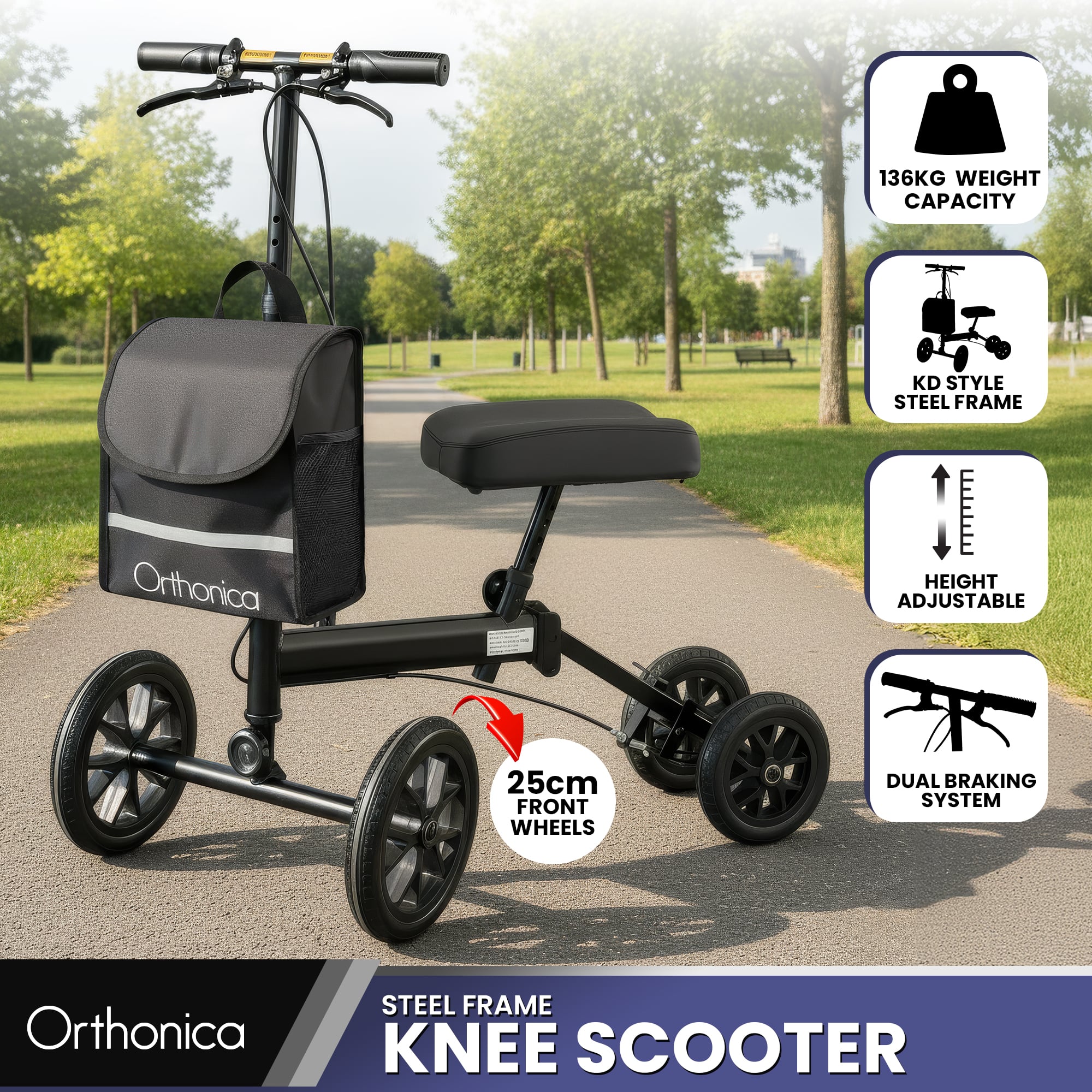 Orthonica Knee Walker with Adjustable Pad and Dual Brakes V240-FRW-MAS-3510-BK