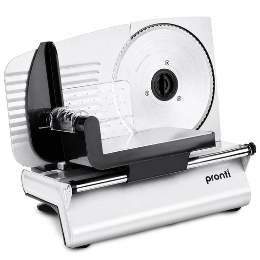 Pronti White Electric Food Slicer 200W with Adjustable Thickness 1 to 15mm Serrated and Fine Edge Stainless V240-FS-190-2A