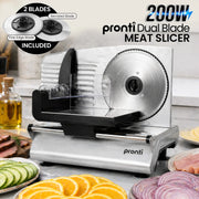 Pronti White Electric Food Slicer 200W with Adjustable Thickness 1 to 15mm Serrated and Fine Edge Stainless V240-FS-190-2A