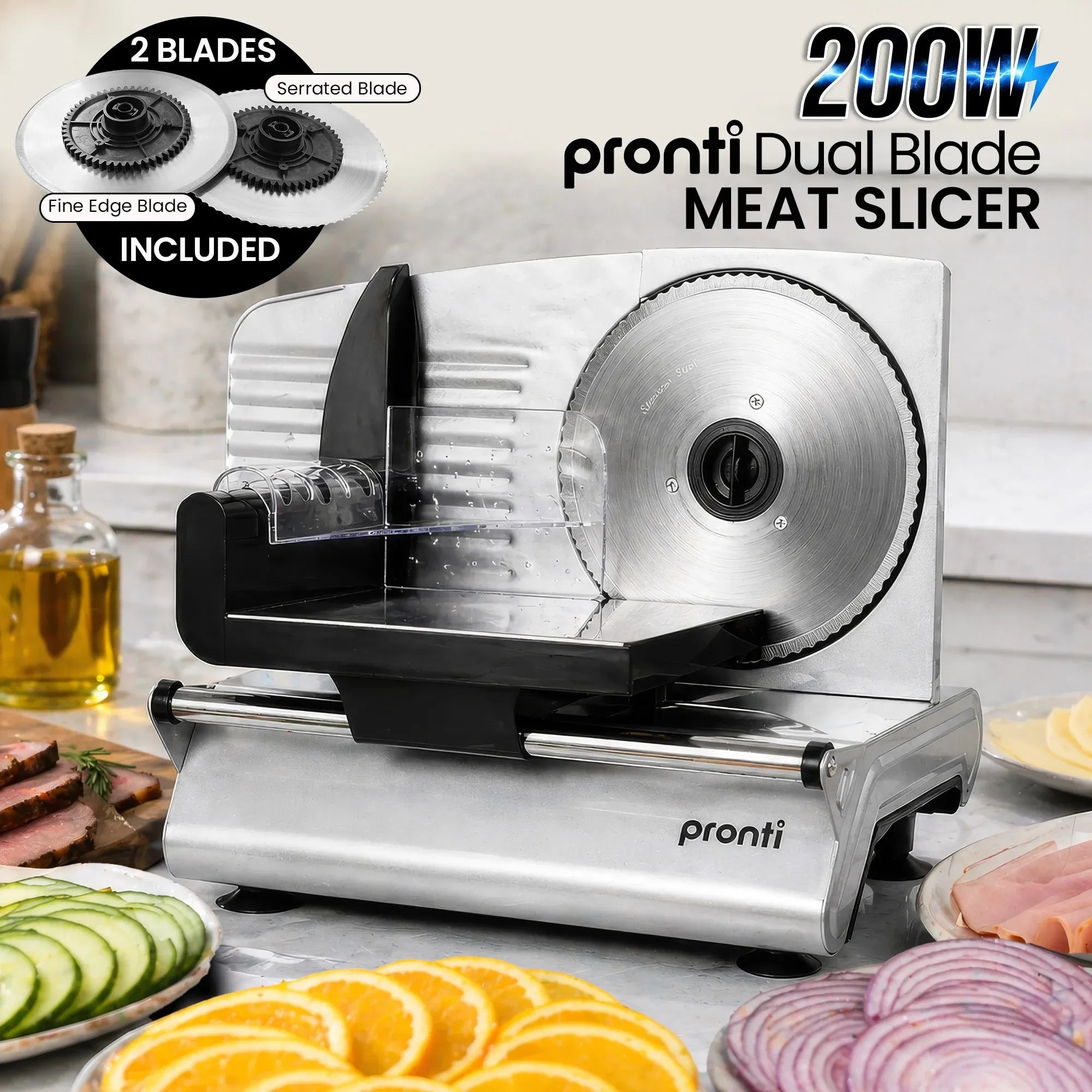 Pronti White Electric Food Slicer 200W with Adjustable Thickness 1 to 15mm Serrated and Fine Edge Stainless V240-FS-190-2A