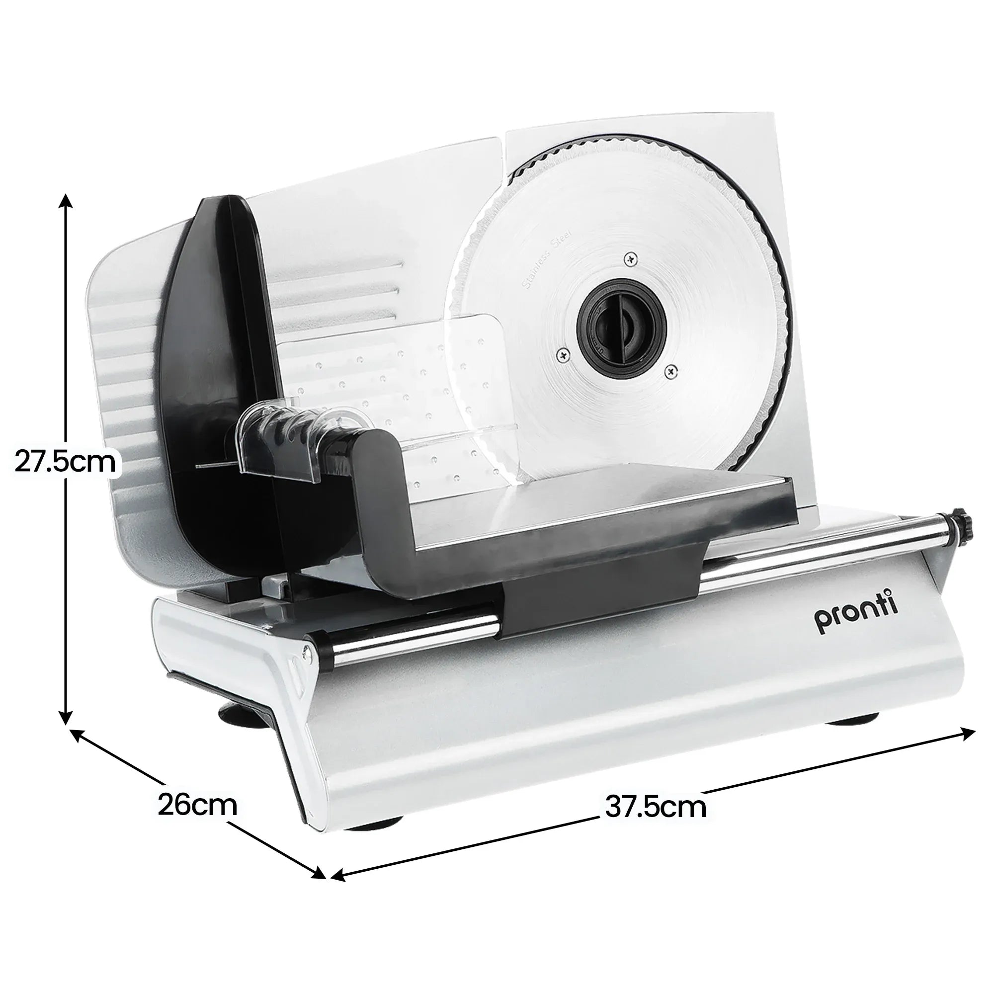 Pronti White Electric Food Slicer 200W with Adjustable Thickness 1 to 15mm Serrated and Fine Edge Stainless V240-FS-190-2A