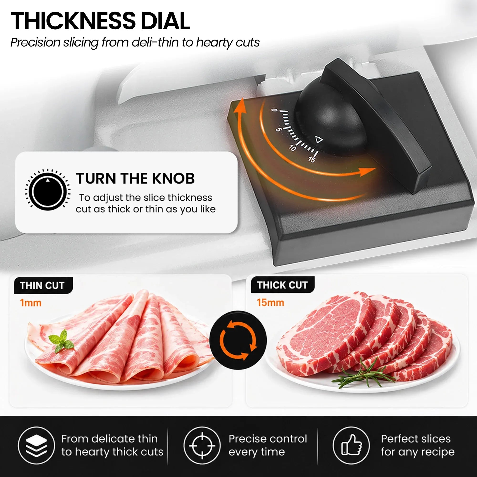 Pronti White Electric Food Slicer 200W with Adjustable Thickness 1 to 15mm Serrated and Fine Edge Stainless V240-FS-190-2A