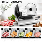 Pronti White Electric Food Slicer 200W with Adjustable Thickness 1 to 15mm Serrated and Fine Edge Stainless V240-FS-190-2A