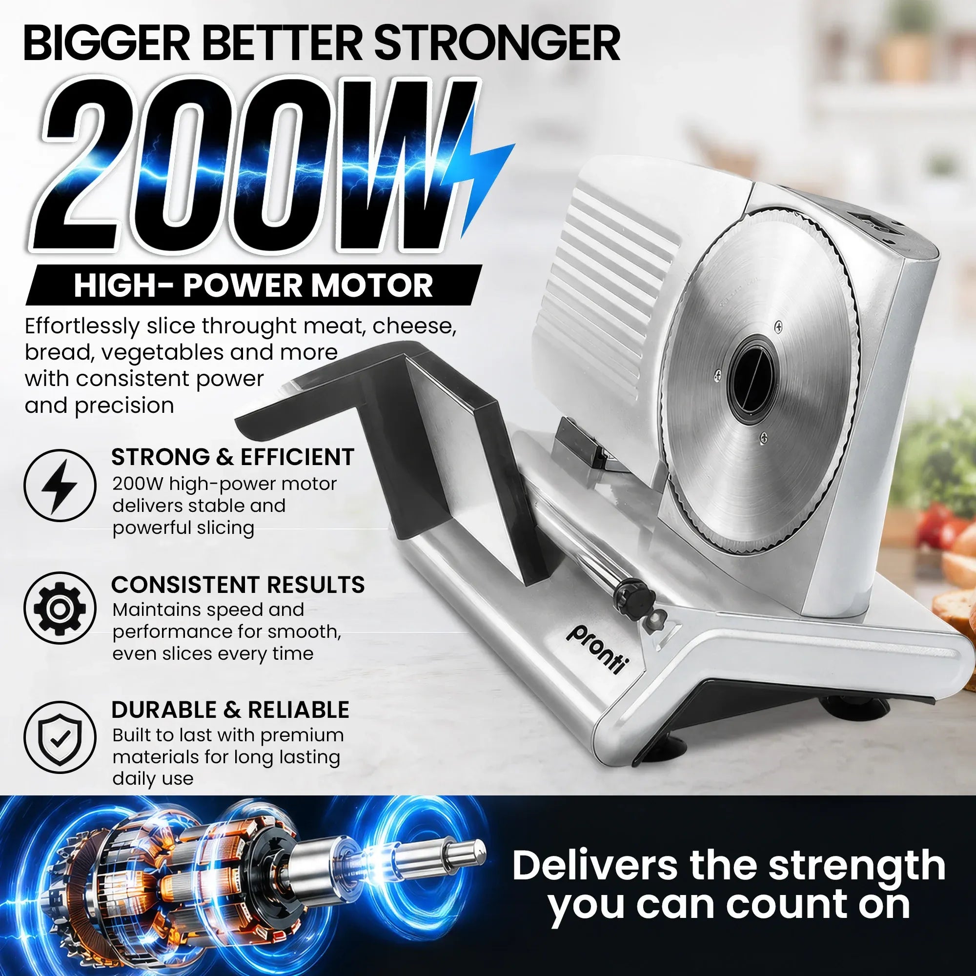 Pronti White Electric Food Slicer 200W with Adjustable Thickness 1 to 15mm Serrated and Fine Edge Stainless V240-FS-190-2A