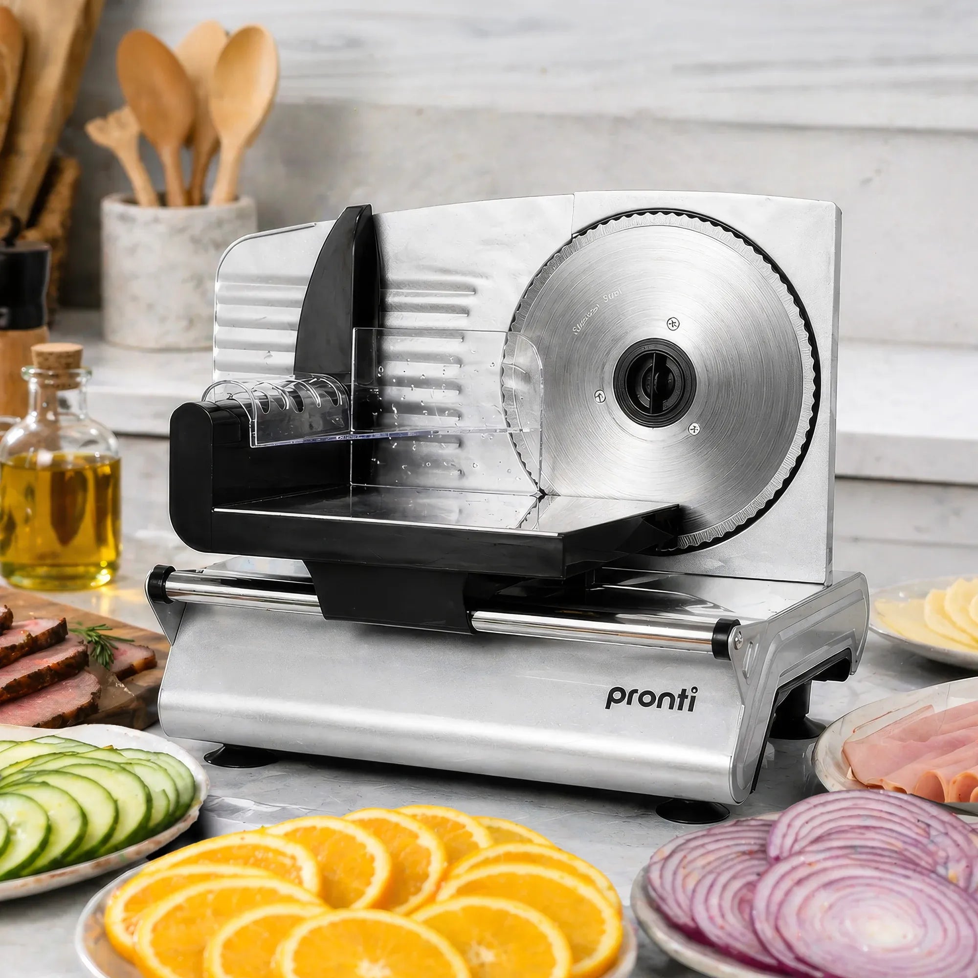 Pronti White Electric Food Slicer 200W with Adjustable Thickness 1 to 15mm Serrated and Fine Edge Stainless V240-FS-190-2A