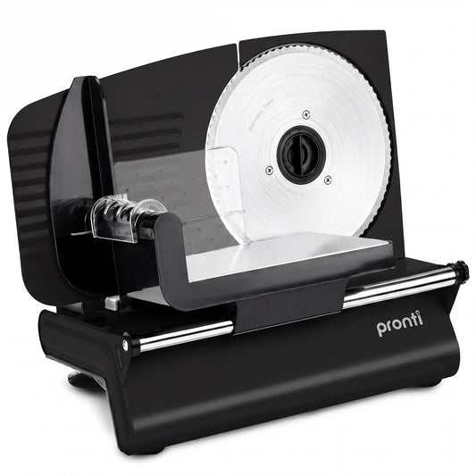 Pronti Black Electric Food Slicer 200W with Adjustable Thickness 1 to 15mm Serrated and Fine Edge Stainless V240-FS-190-2A-BK
