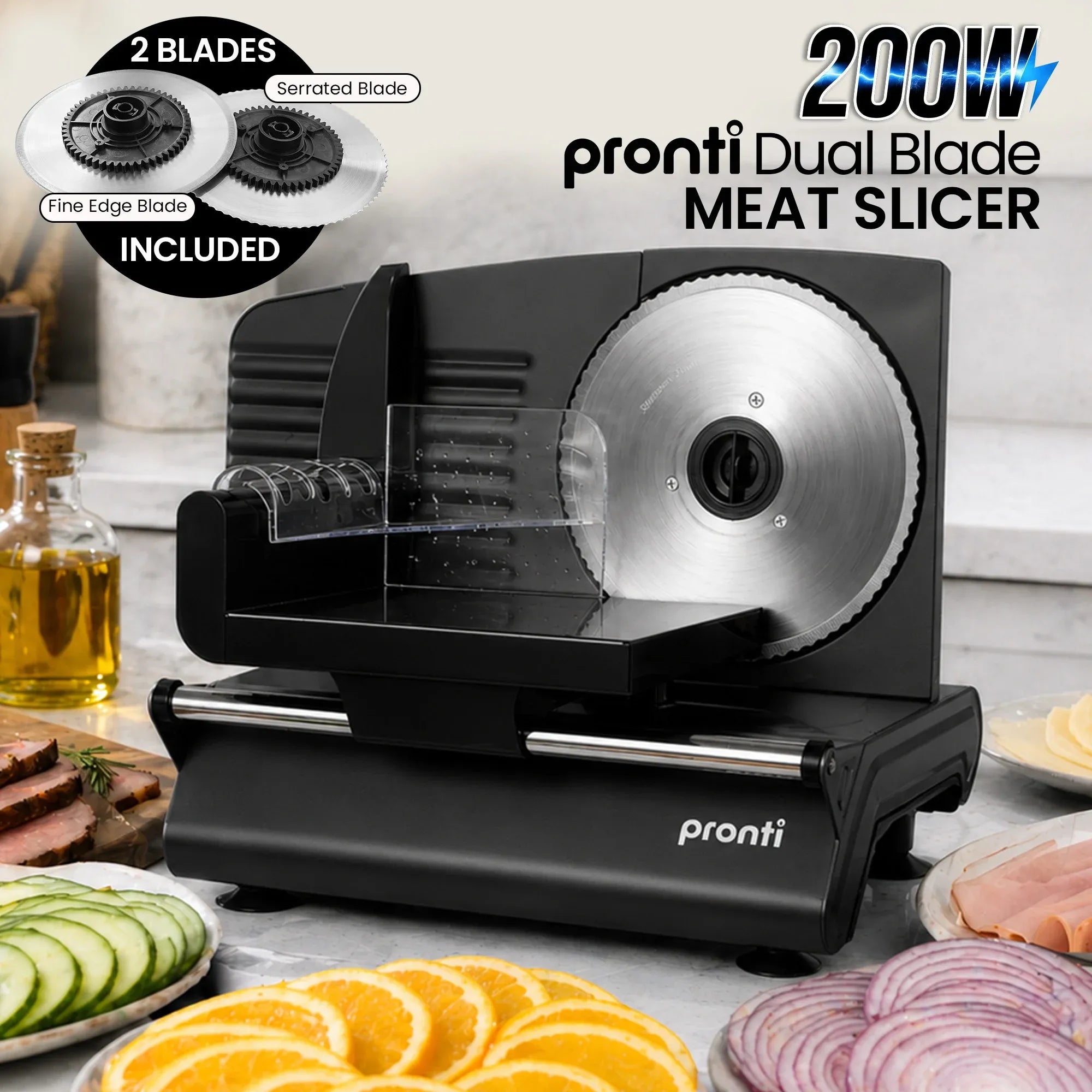 Pronti Black Electric Food Slicer 200W with Adjustable Thickness 1 to 15mm Serrated and Fine Edge Stainless V240-FS-190-2A-BK