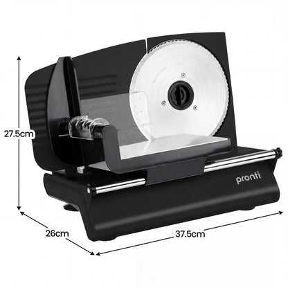 Pronti Black Electric Food Slicer 200W with Adjustable Thickness 1 to 15mm Serrated and Fine Edge Stainless V240-FS-190-2A-BK