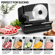 Pronti Black Electric Food Slicer 200W with Adjustable Thickness 1 to 15mm Serrated and Fine Edge Stainless V240-FS-190-2A-BK