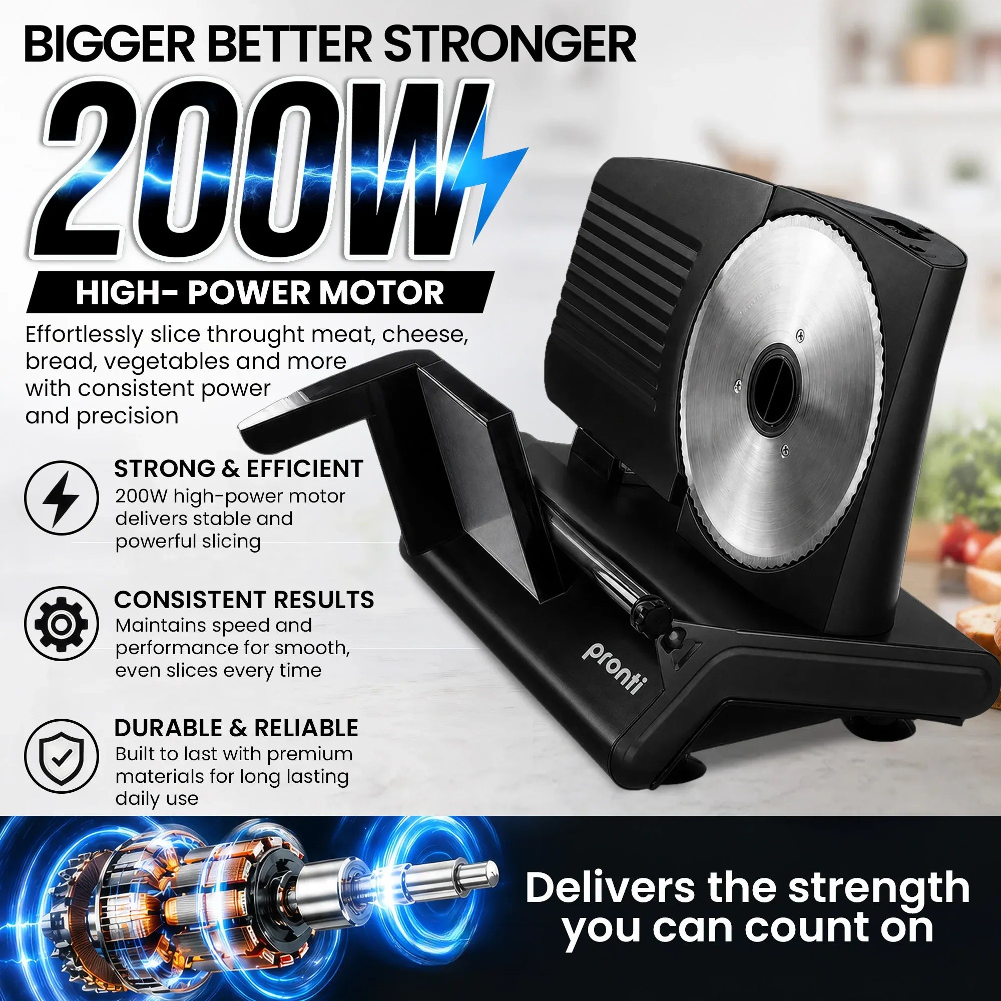 Pronti Black Electric Food Slicer 200W with Adjustable Thickness 1 to 15mm Serrated and Fine Edge Stainless V240-FS-190-2A-BK