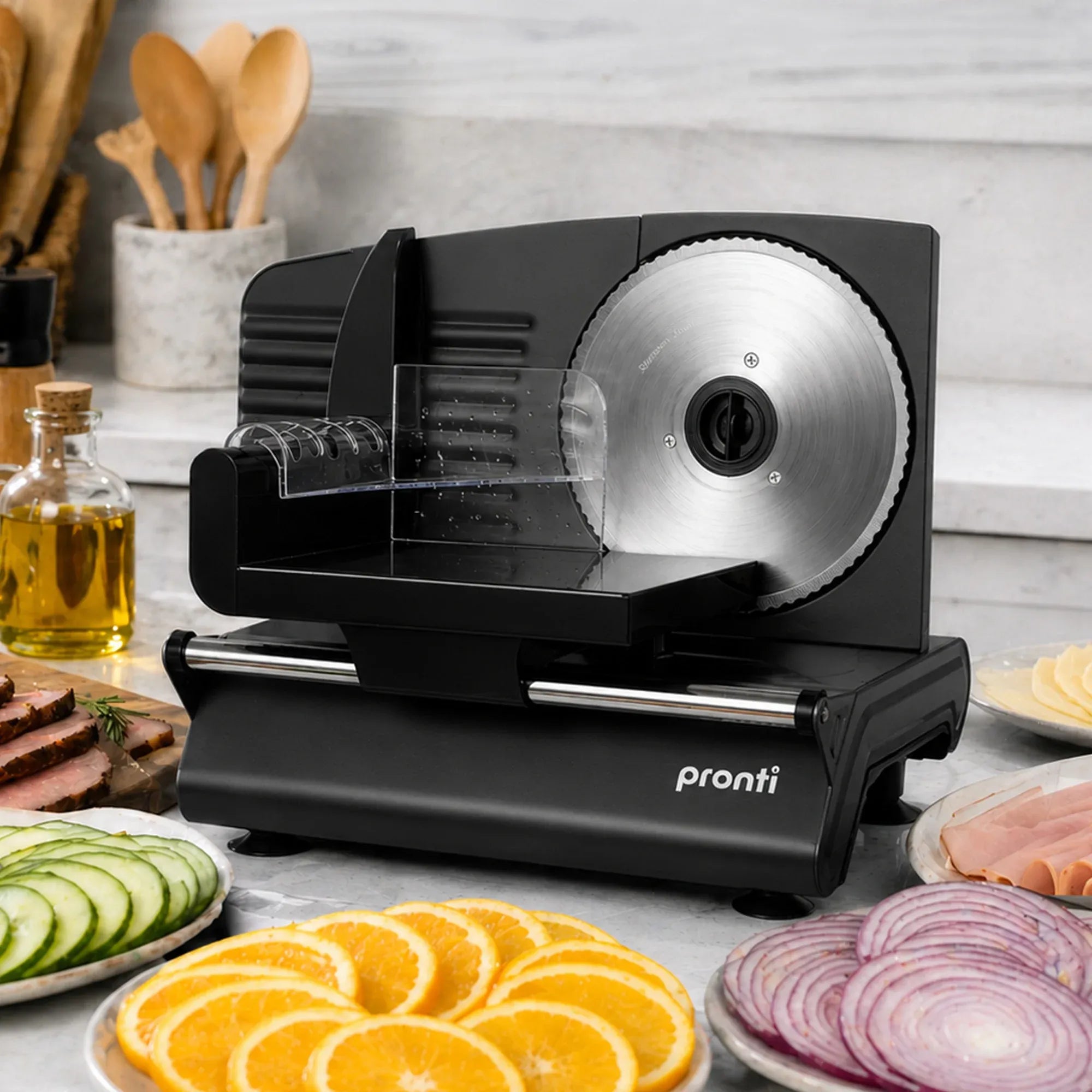 Pronti Black Electric Food Slicer 200W with Adjustable Thickness 1 to 15mm Serrated and Fine Edge Stainless V240-FS-190-2A-BK
