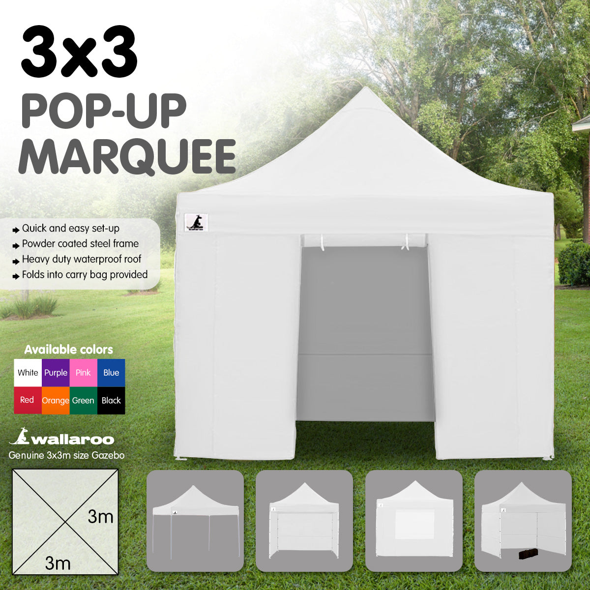 Wallaroo Gazebo Tent Marquee 3x3 PopUp Outdoor Wallaroo White V240-GAZ-POP-3X3-WH