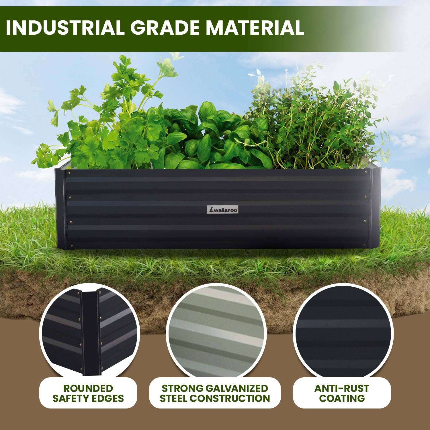 Wallaroo Garden Bed 210 x 90 x 30cm Galvanized Steel - Black V240-GBD-BSW-2109-BK