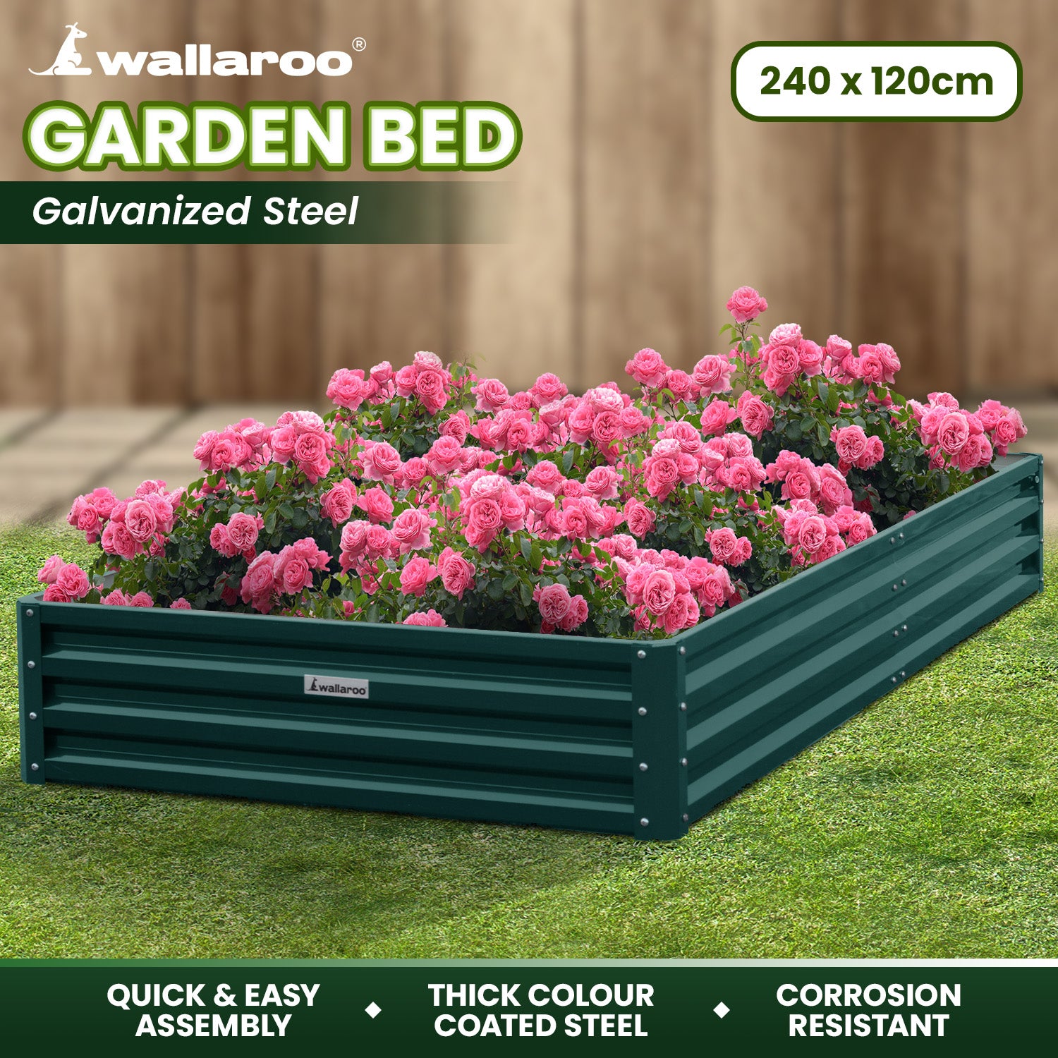 Wallaroo Garden Bed 240 x 120 x 30cm Galvanized Steel - Green V240-GBD-BSW-2412-GN