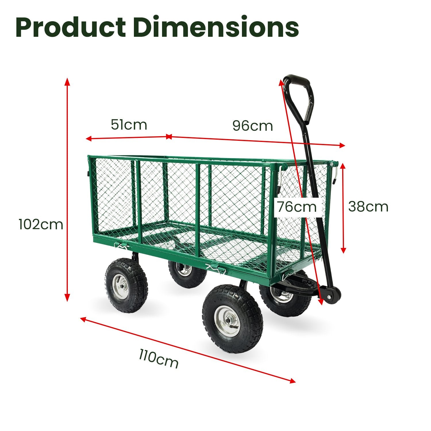Wallaroo Steel Mesh Garden Trolley Cart - Green V240-GMC-H38-GN