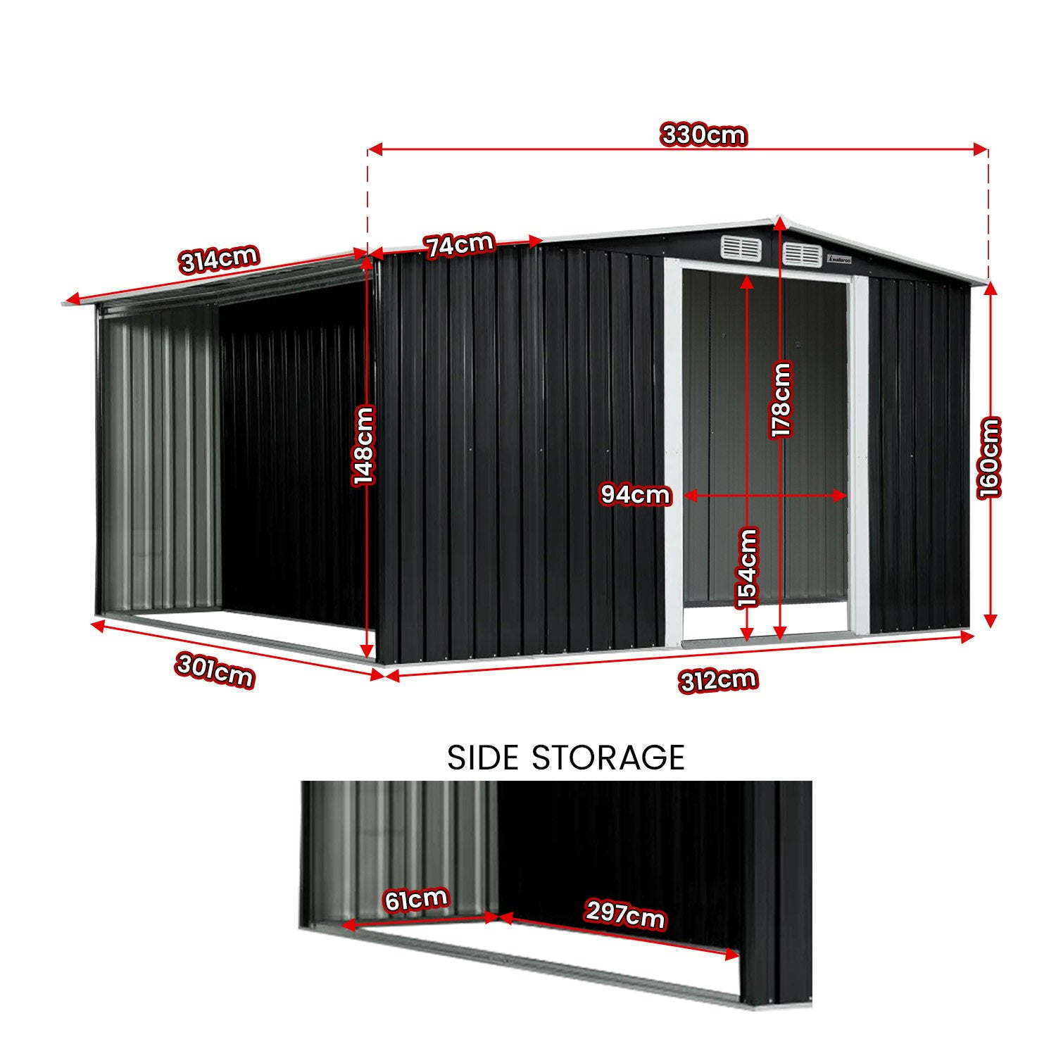 Wallaroo Garden Shed with Semi-Closed Storage 10*8FT - Black V240-GSS-BSW-108S-BK