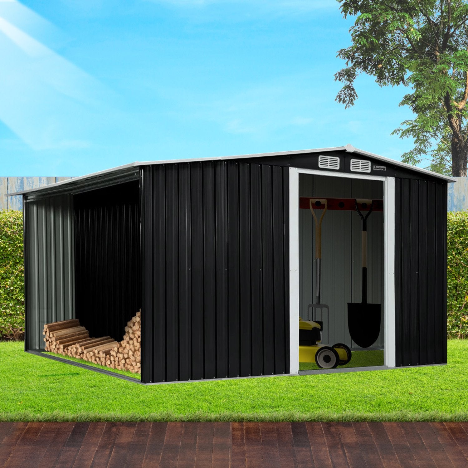 Wallaroo Garden Shed with Semi-Closed Storage 10*8FT - Black V240-GSS-BSW-108S-BK