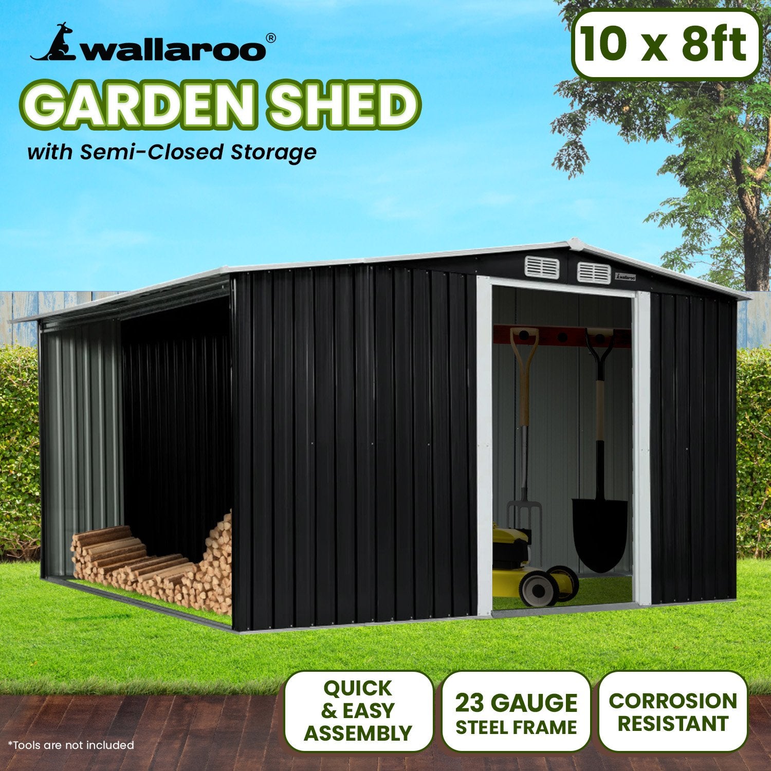 Wallaroo Garden Shed with Semi-Closed Storage 10*8FT - Black V240-GSS-BSW-108S-BK