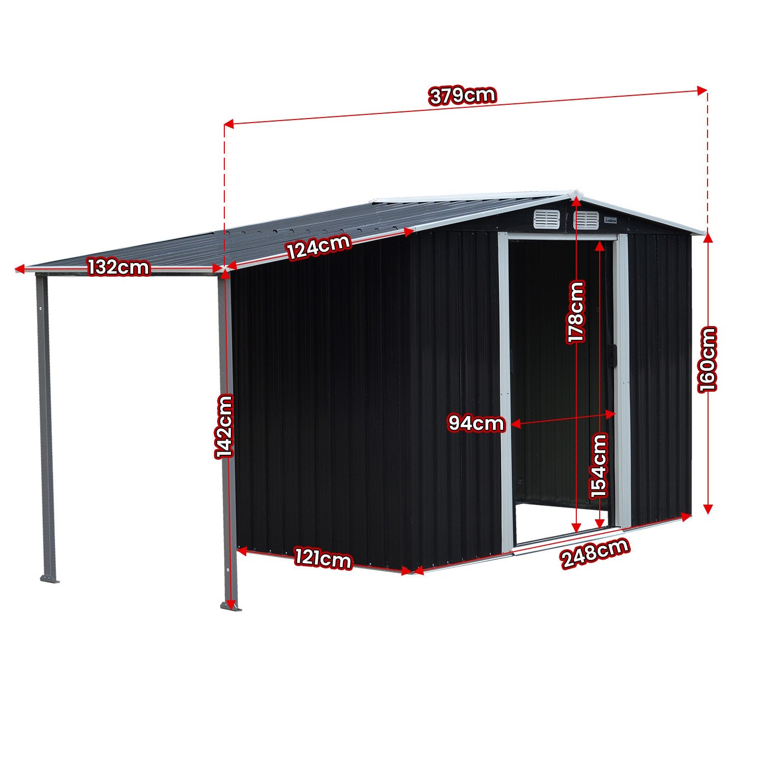Wallaroo 4x8ft Zinc Steel Garden Shed with Open Storage - Black V240-GSS-BSW-48O-BK