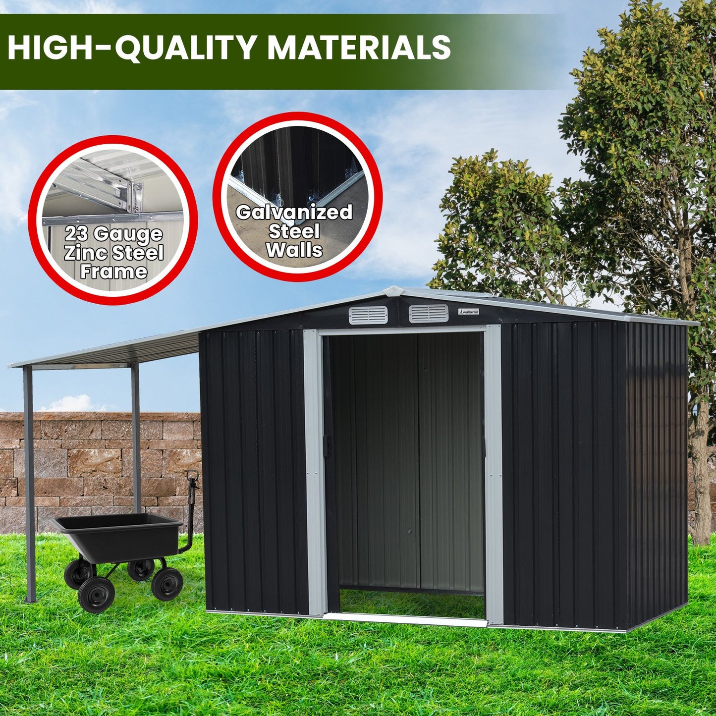 Wallaroo 4x8ft Zinc Steel Garden Shed with Open Storage - Black V240-GSS-BSW-48O-BK